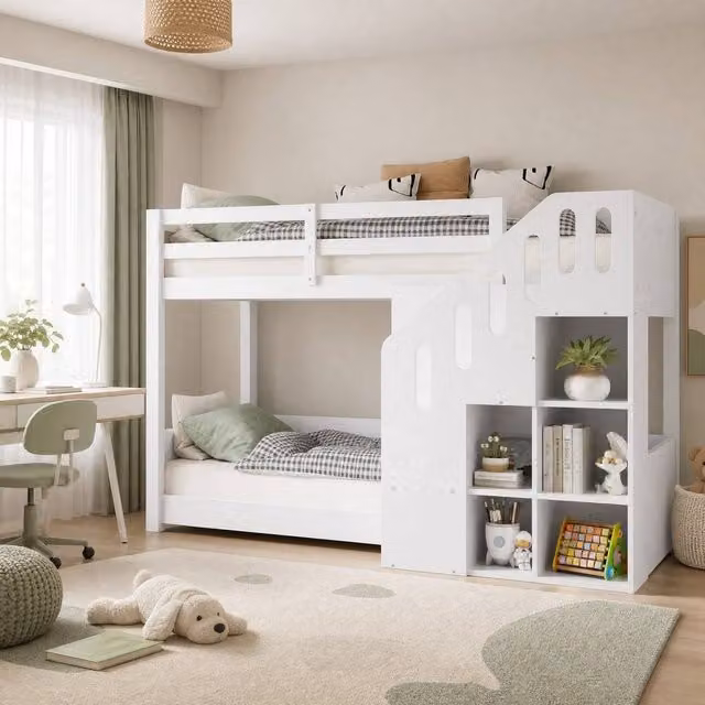 STILVORA White Childrens Bunk Bed with Stairs and Side Compartments, Pine Wood, 90 x 190 cm