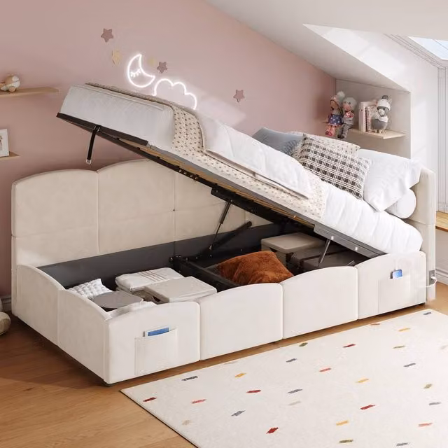 ModernLuxe Beige Velvet Single Sofa Bed with Hydraulic Storage and L-shaped Headboard