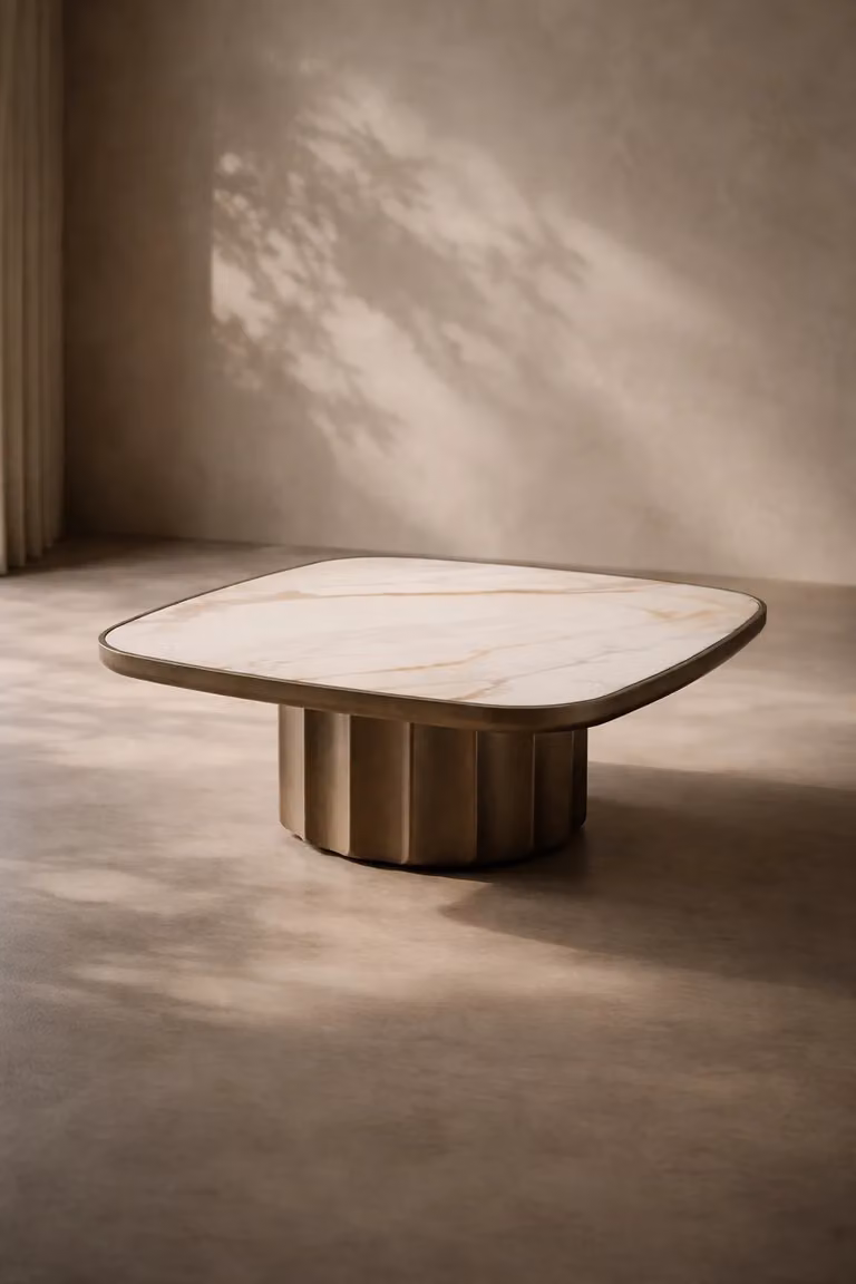 Tommy Franks Genio Modern Ceramic Coffee Table with Abstract Design in Gold, Bronze and White, W/D/H: 90 x 90 x 38 cm