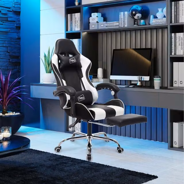Neo White Synthetic Leather Gaming Racing Recliner Chair with Footrest and Headrest – 3