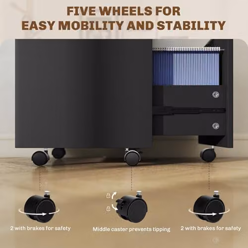 HOMCOM 2 Drawer Mobile Filing Cabinet with Lock and Castors in Black – 7