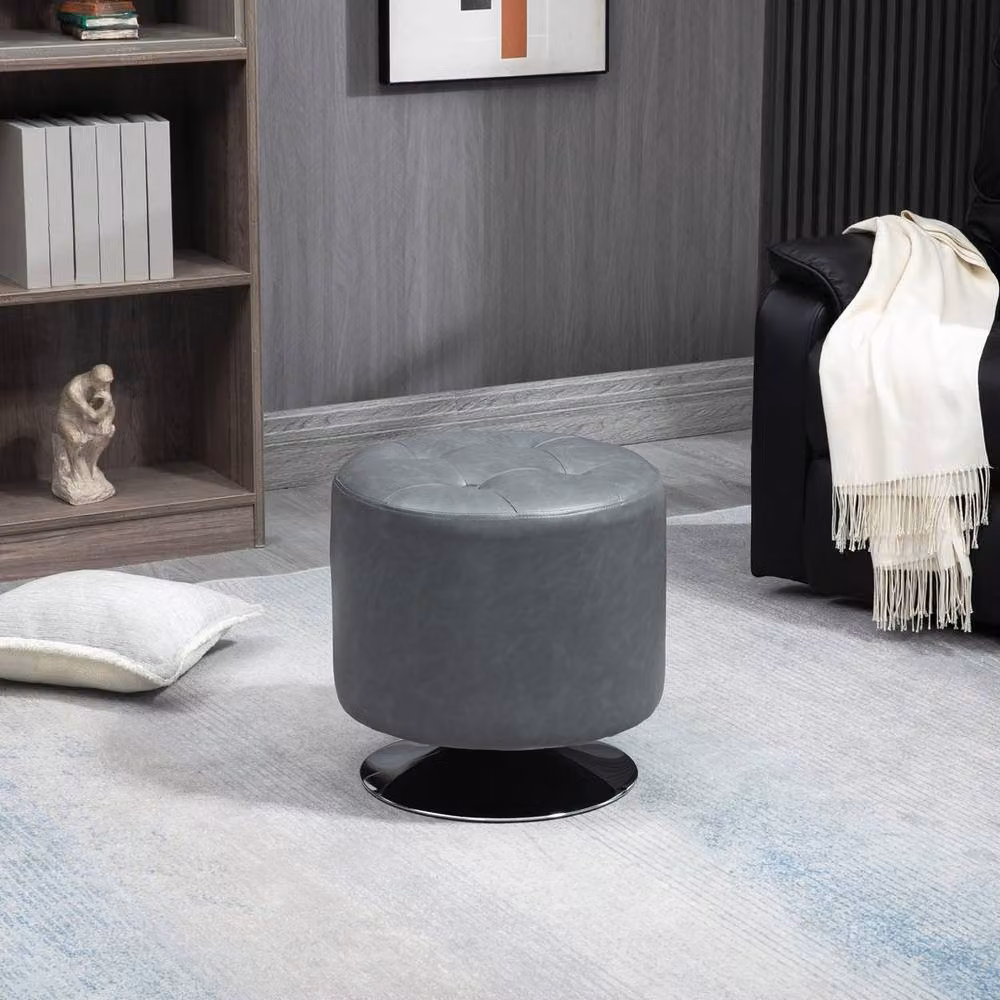 KORVIXA Grey Round Swivel Footstool in Synthetic Leather – 4