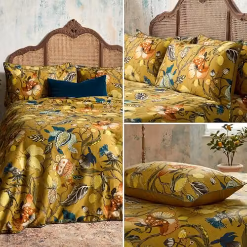 Edinburgh Weavers EW Morton Floral Duvet Set, Ochre, 1000 Thread Count Mako Cotton Sateen Bedding with Duvet Cover 200x220 cm and Pillowcase 50x75 cm – 3