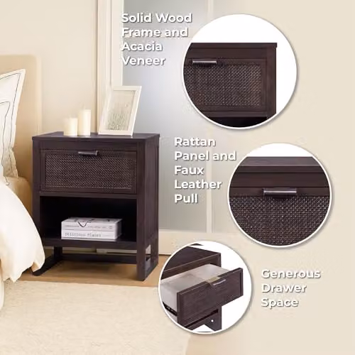 Teamson Home Hatteras Nightstand with Rattan Detail and Soft Close Drawer in Black Finish, W: 50.8 cm, D: 40.64 cm, H: 60.96 cm – 6