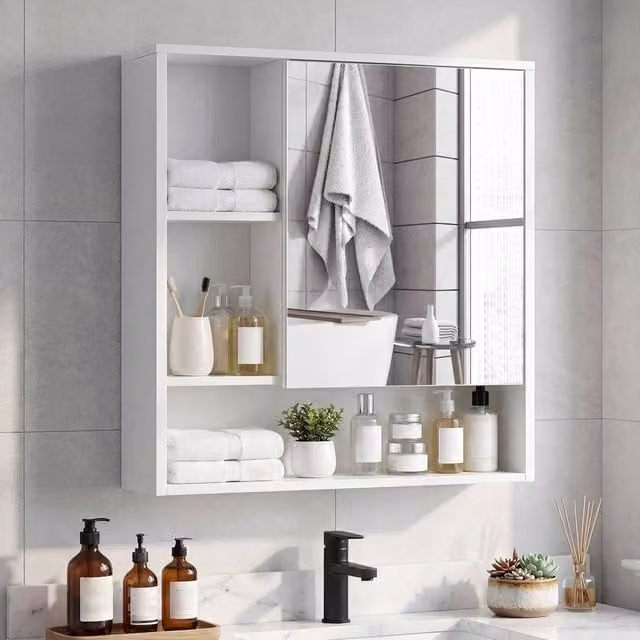 Costway White Recessed Bathroom Wall Mirror Medicine Cabinet with Internal Shelves and Hinged Glass Doors