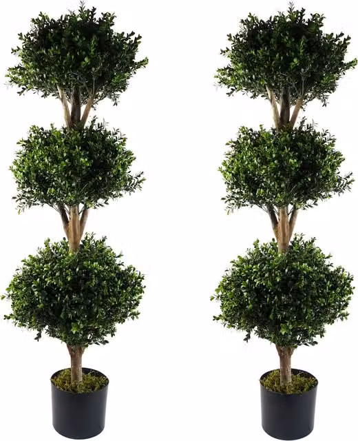 Pair of Genuine Leaf Design Buxus Triple Ball Artificial Trees in Green, UV Resistant and Tabletop Ready