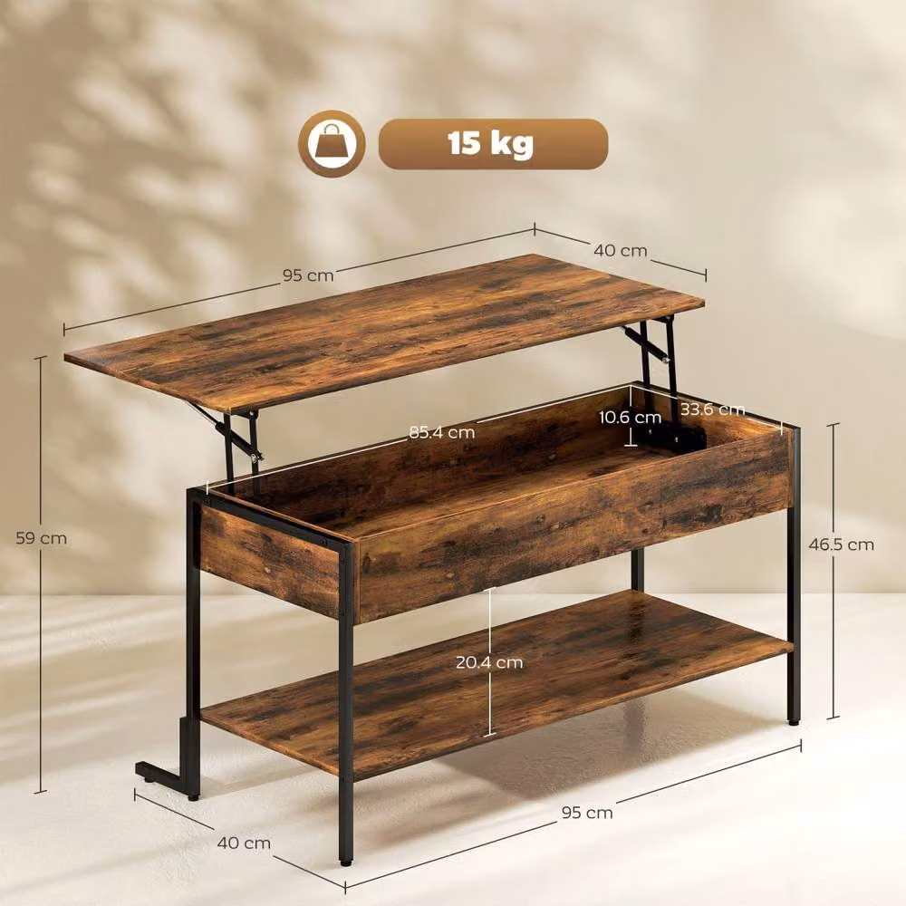 Wyld Haus Vitoli Rustic Brown Lift Top Coffee Table with Hidden Storage, W: 95.0 cm, D: 59.0 cm – 3