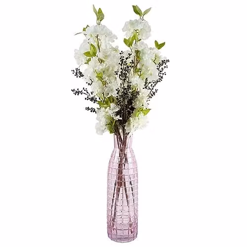 Leaf Design UK 100cm White Artificial Blossom and Berries Floral Display with Pink Glass Vase