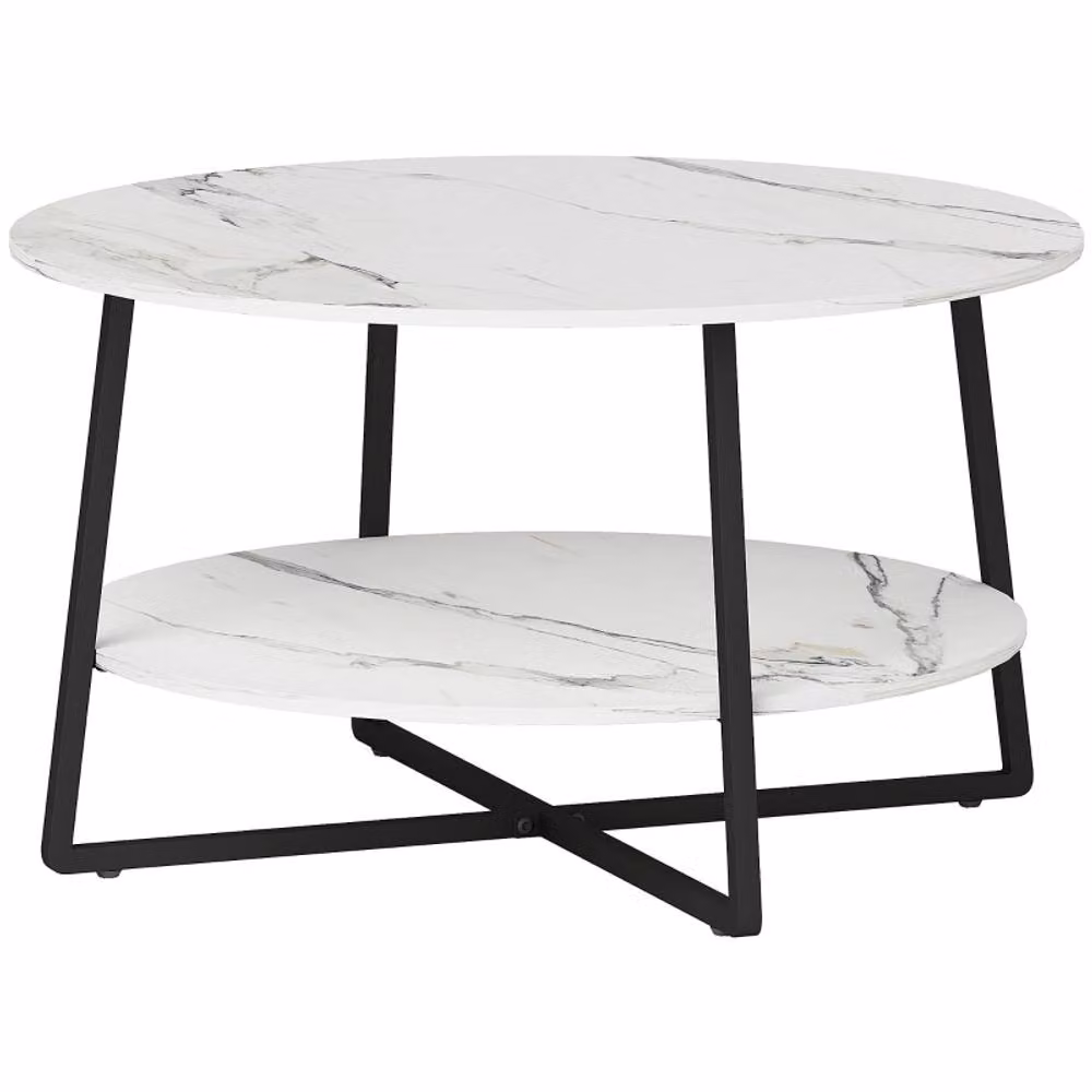 STILVORA Modern Round Two-Tier Coffee Table with White Marble-Effect Glossy Top and Metal X-Frame – 3
