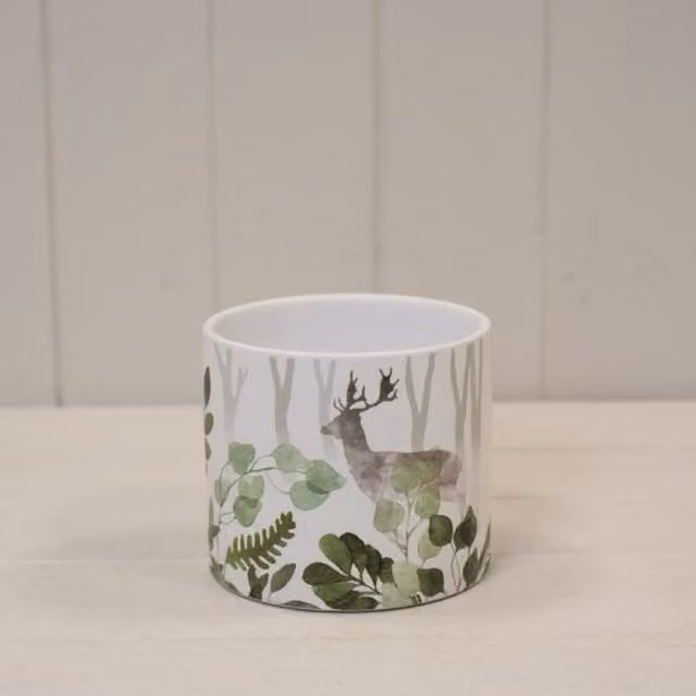 KDMD Rustic White and Green Ceramic Woodland Stag Tabletop Floral Pot
