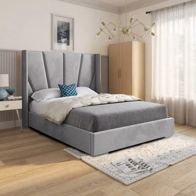 KDMD Glapthorn Wide Curved Designer Bed Frame in Grey Soft Velvet, W/D/H: 137 x 120 x 83 cm – 1