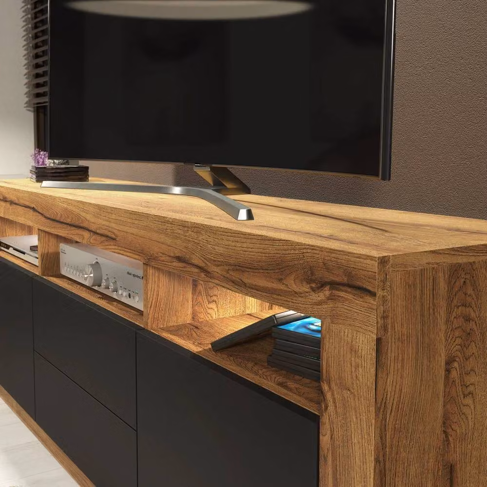 FORGEVIO Modern Wood TV Unit and Sideboard Cabinet in Brown and Black with Integrated Lighting – 4