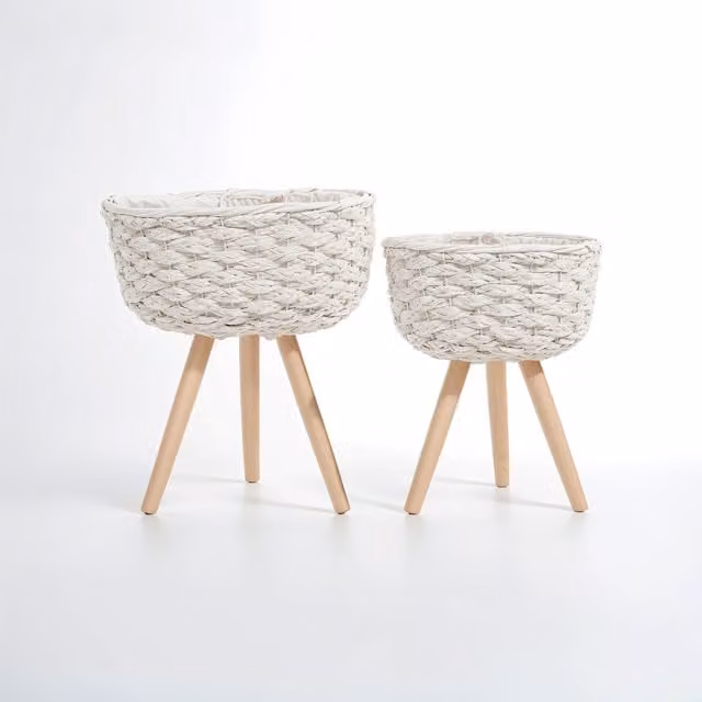 Orsina Set of 2 White Round Tabletop Planters with Wooden Legs