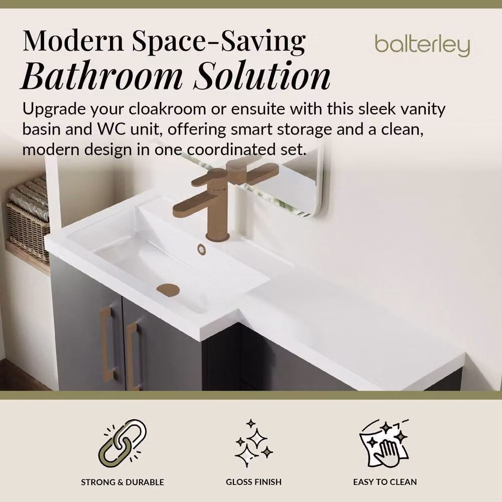 Balterley Modern Grey Left-Hand Vanity and WC Unit Combination with Brushed Bronze Details, W: 110 cm, H: 84 cm – 2