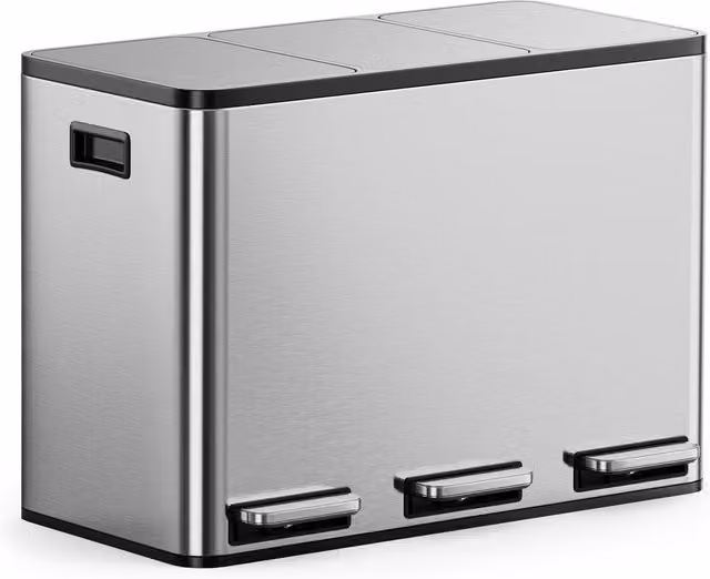 VonHaus 45L 3 Compartment Kitchen Waste and Recycling Bin in Metallic Silver (3 x 15L) with Soft Close and Removable Inner Buckets, W/D/H: 34.5 x 44.0 x 61.5 cm – 1