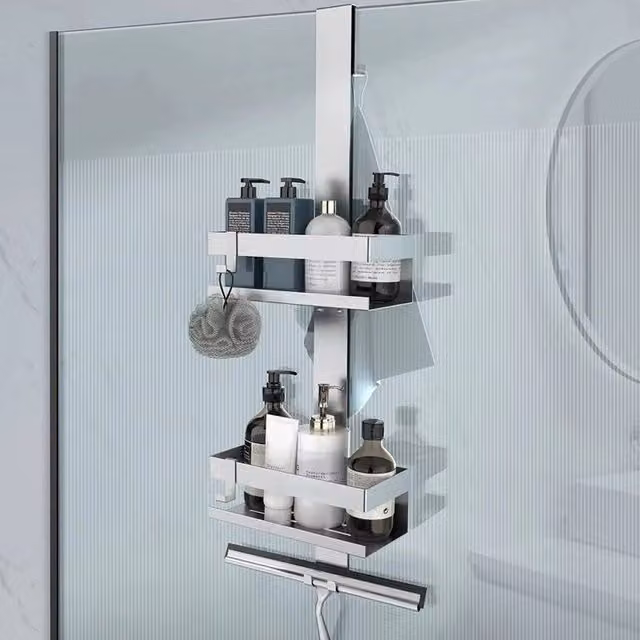 VOGREX 2 Tier Hanging Over Door Stainless Steel Bathroom Shower Caddy Rack in Silver