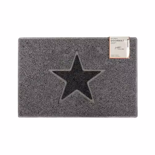Oseasons Star Medium Doormat in Grey with Black Star, Non-Slip Spaghetti Coil Vinyl with PVC Backing, W: 75 cm, D: 44 cm