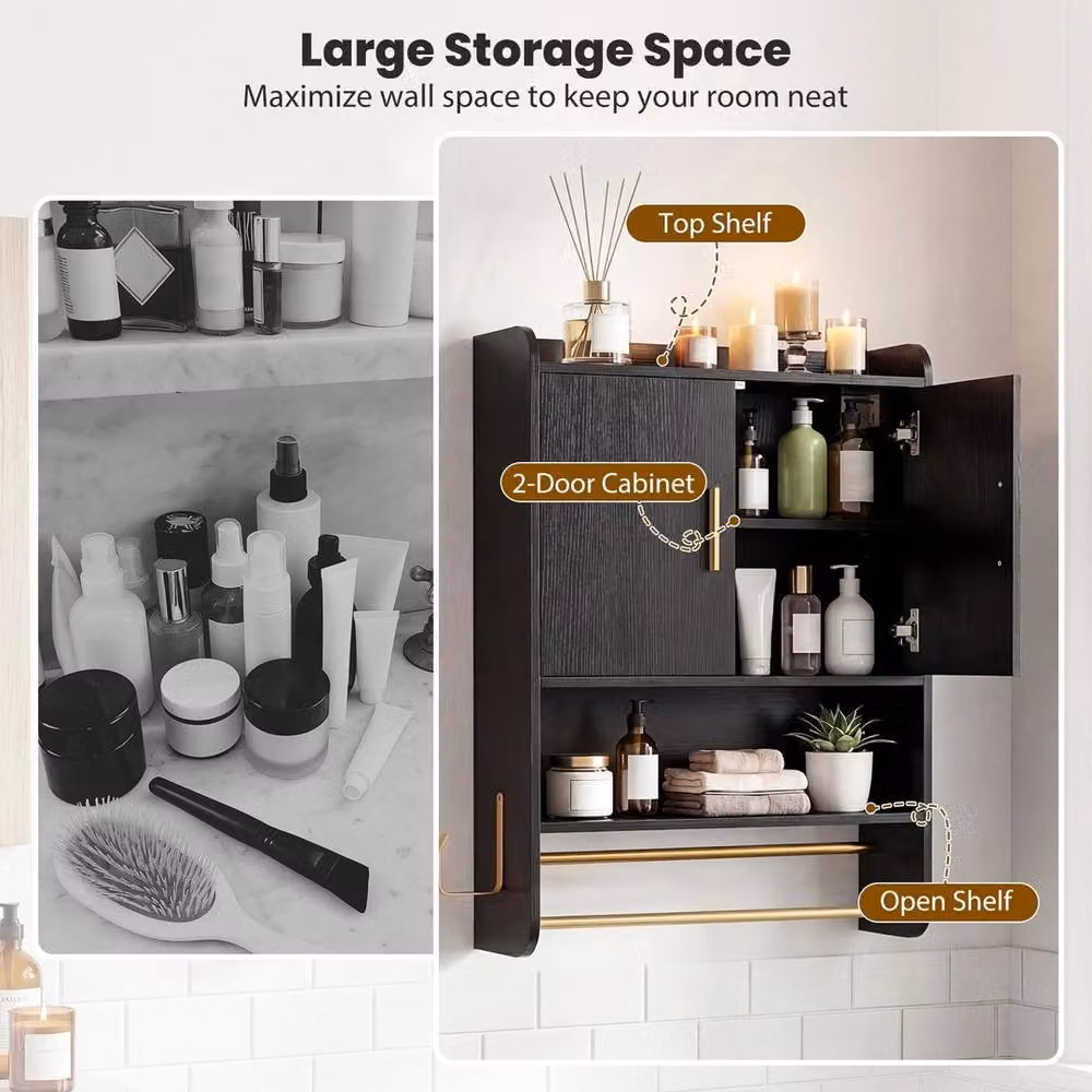 EONLION Modern Matt Black Wall Mounted Bathroom and Kitchen Cabinet with Hinged Doors and Internal Shelves – 5