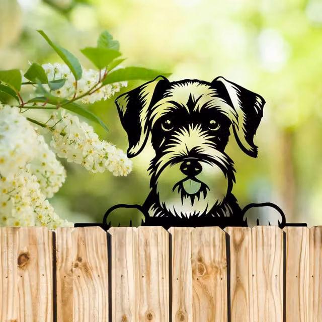 Betley Butterfly Black Schnauzer Peeking Dog Silhouette Metal Fence Topper