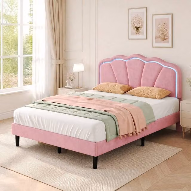 STILVORA Double Upholstered Bed Frame with LED Shell Headboard in Pink Velvet – 1