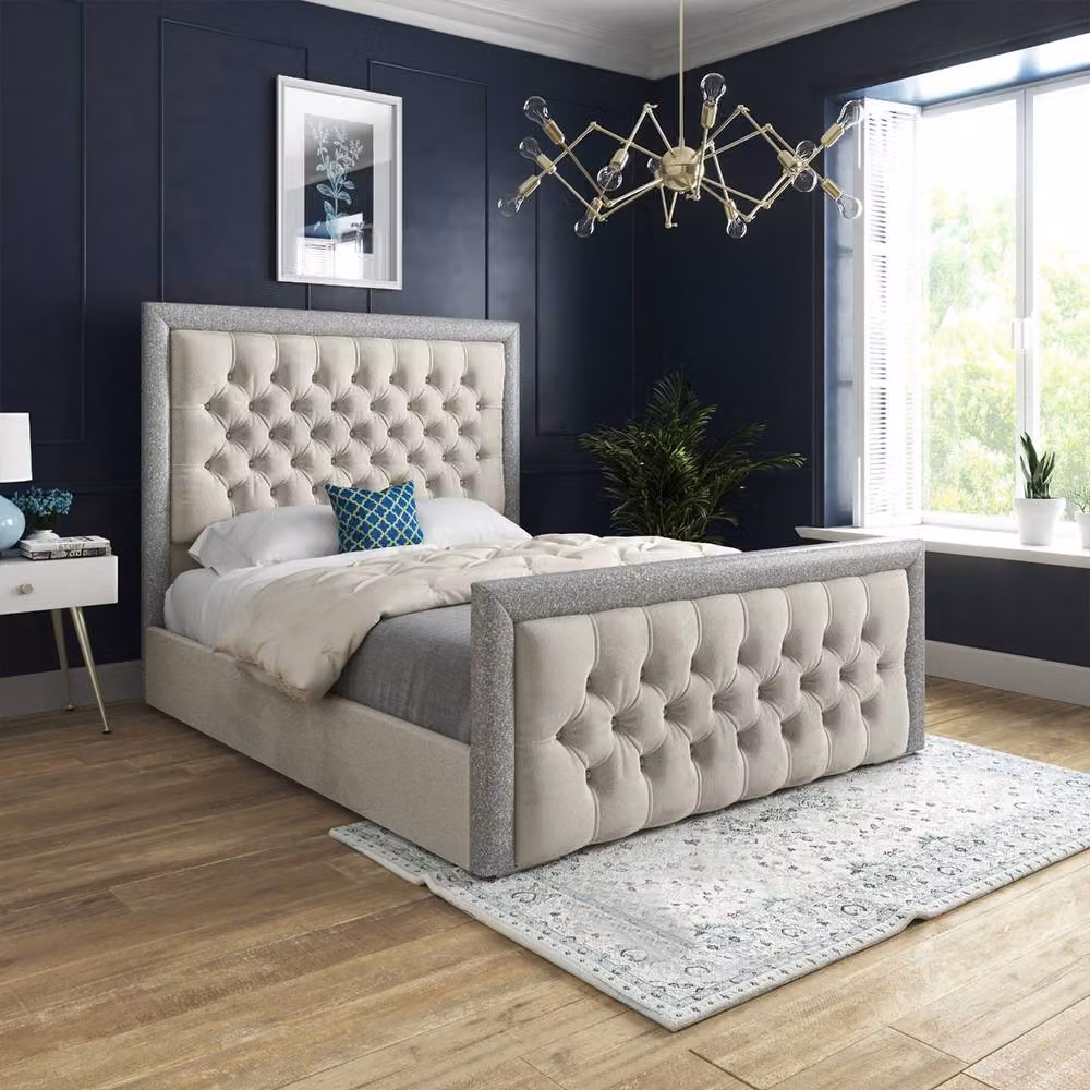 Casani Thornton Designer Bed Frame in Cream Beige Soft Velvet, W/D/H: 180 x 200 cm – 2