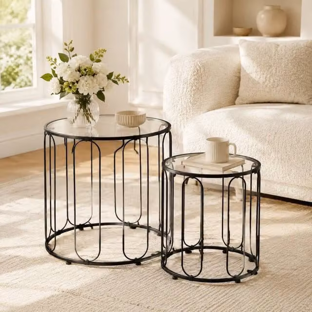 STILVORA Set of 2 Modern Round Black Glossy Glass Nesting Coffee Tables – 1
