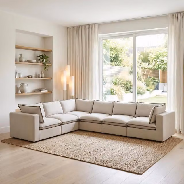 Furniturebox UK Echo 5 Seater L-Shaped Modular Corner Sofa in Linen-Look Fabric with Cream and Green Trim