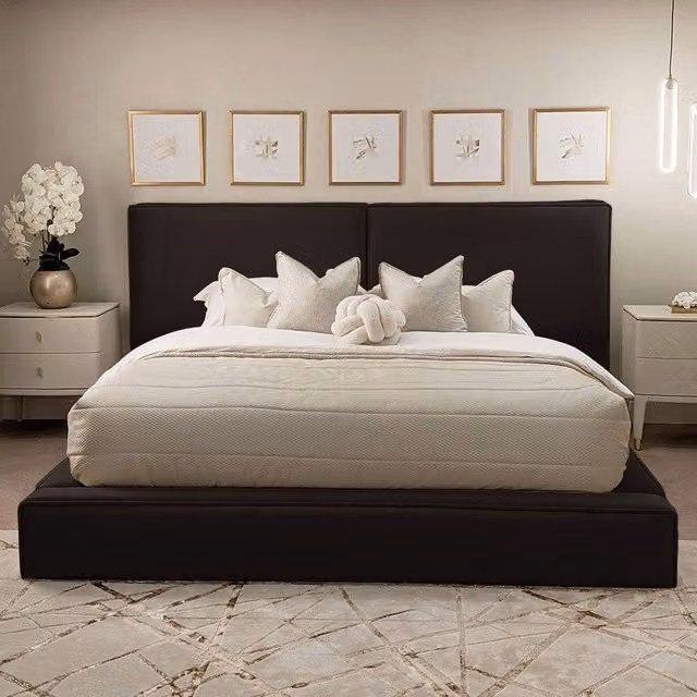 Stratus Interiors Tempa Modern Velvet Platform Bed with Piping Border in Black, Super King, W/D/H: 200 x 180 x 218.44 cm