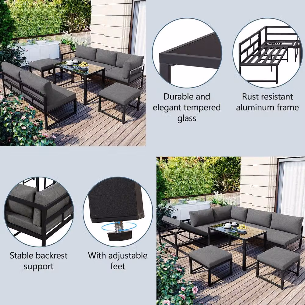 HomeTouch 5-Piece Outdoor Sofa Set with Adjustable Backrest, Stools and Coffee Table in Grey – 3