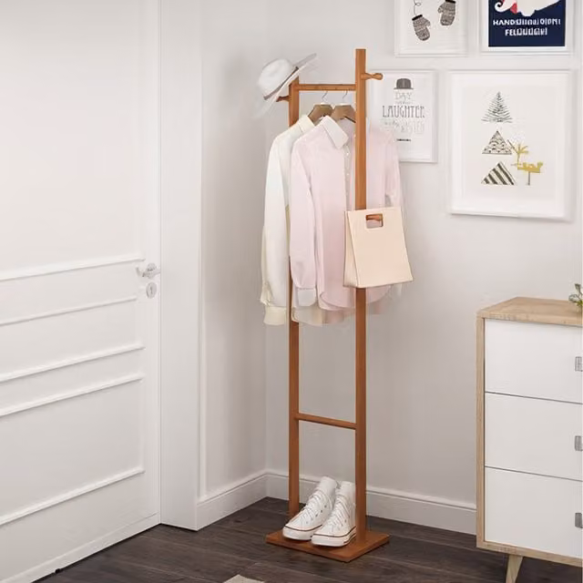 Komore Minimalist Slim Wooden Coat Rack with Hooks in Brown