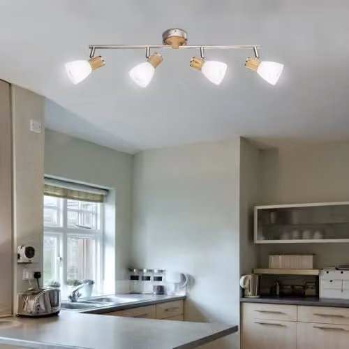 Globo Lighting Gylfi Ceiling Spotlight Bar in Silver and Wood with White Glass Shades, 4x E14