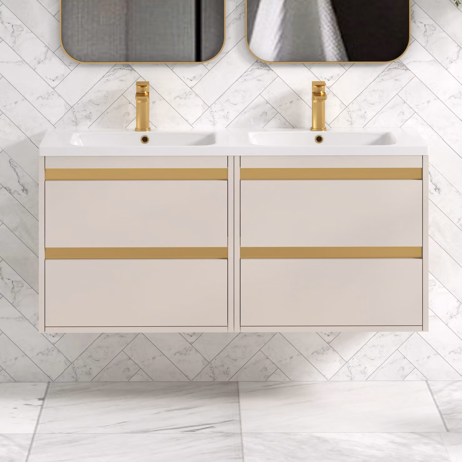 Royal Bathrooms Orion 1200 Wall Hung Vanity Unit in Warm Taupe with Ceramic Basin and Brushed Brass Accent Trim
