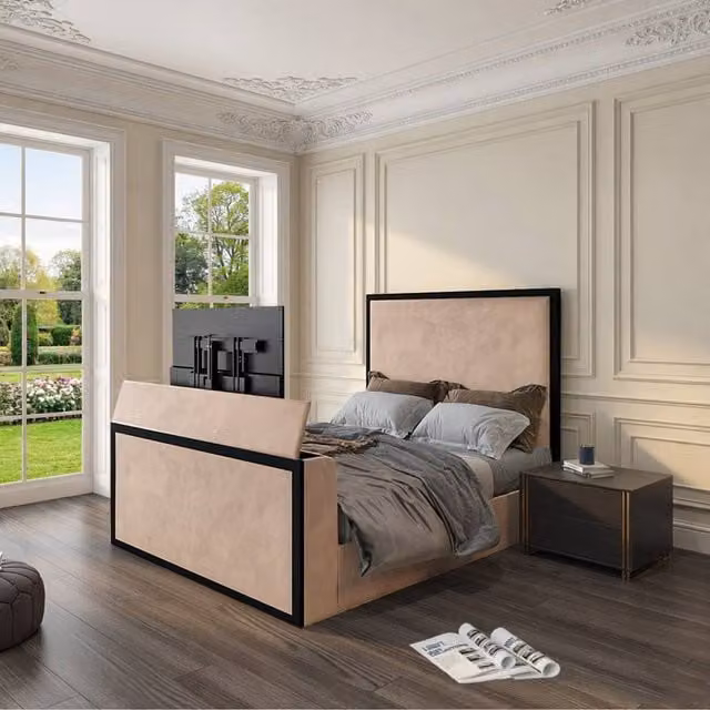 KDMD Adisham Upholstered Electric Media TV Bed Frame in Beige, King Size