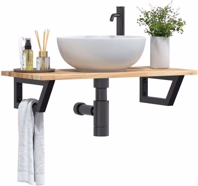 Berkfield Home Wall Mounted Basin Shelf in Brown Steel and Solid Acacia Wood