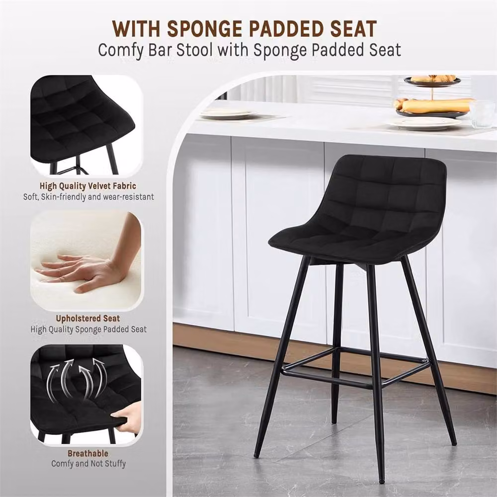 Nordara Set of 2 Black Velvet and Metal Modern Bar Stools for your Kitchen – 3