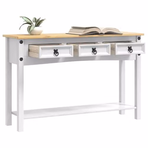 vidaXL Corona End Table in White Solid Pine Wood, W/D/H: 114 x 34.5 x 73 cm