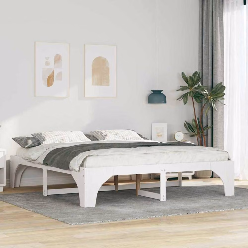 Berkfield Home Floor Bed Frame with Storage in White Solid Pine Wood W/D/H: 200 x 200 x 40 cm – 2