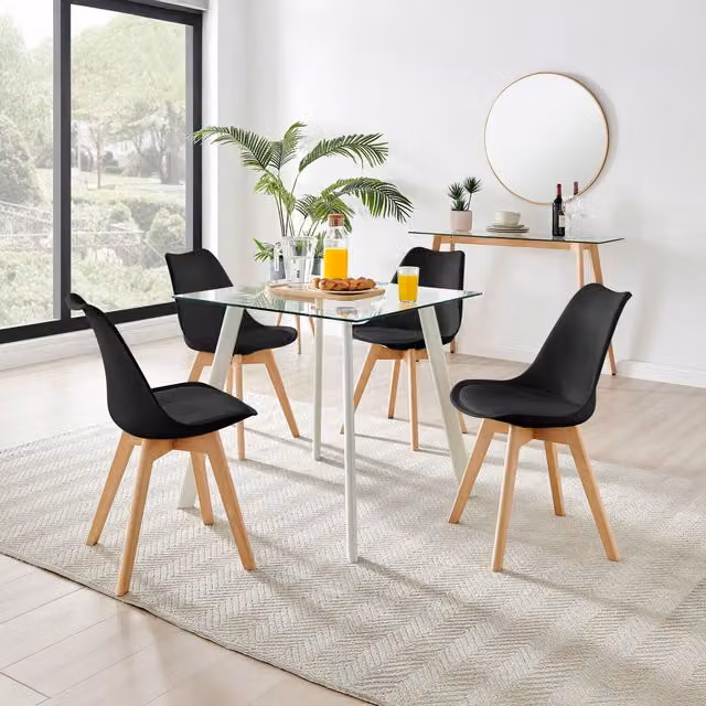 FurnitureboxUK Seattle Square Glass Dining Table and 4 Stockholm Wooden Leg Chairs in Black and White
