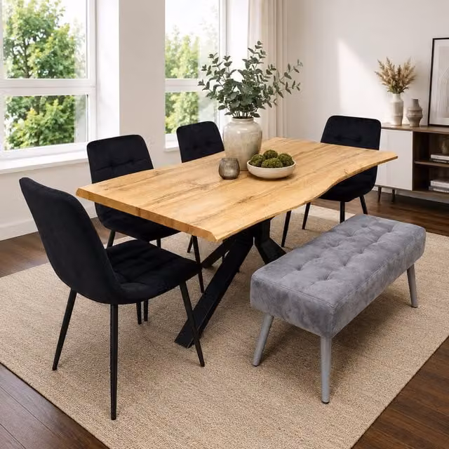 Kosy Koala Modern Dining Set with Rectangular Table, 2 Black Velvet Chairs and 1 Grey Velvet Padded Bench