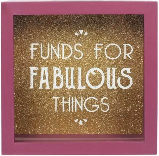 KDMK Funds For Fabulous Things Money Box, Pink Wood and Glass Tabletop Design