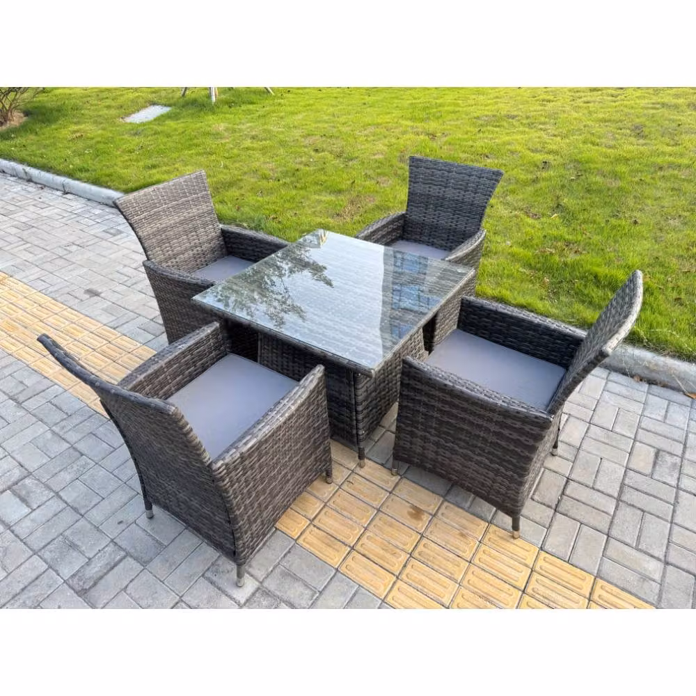 Fimous 4-Seater Rattan Garden Dining Set with Rectangular Glass Top Table and Chairs in Dark Grey – 2