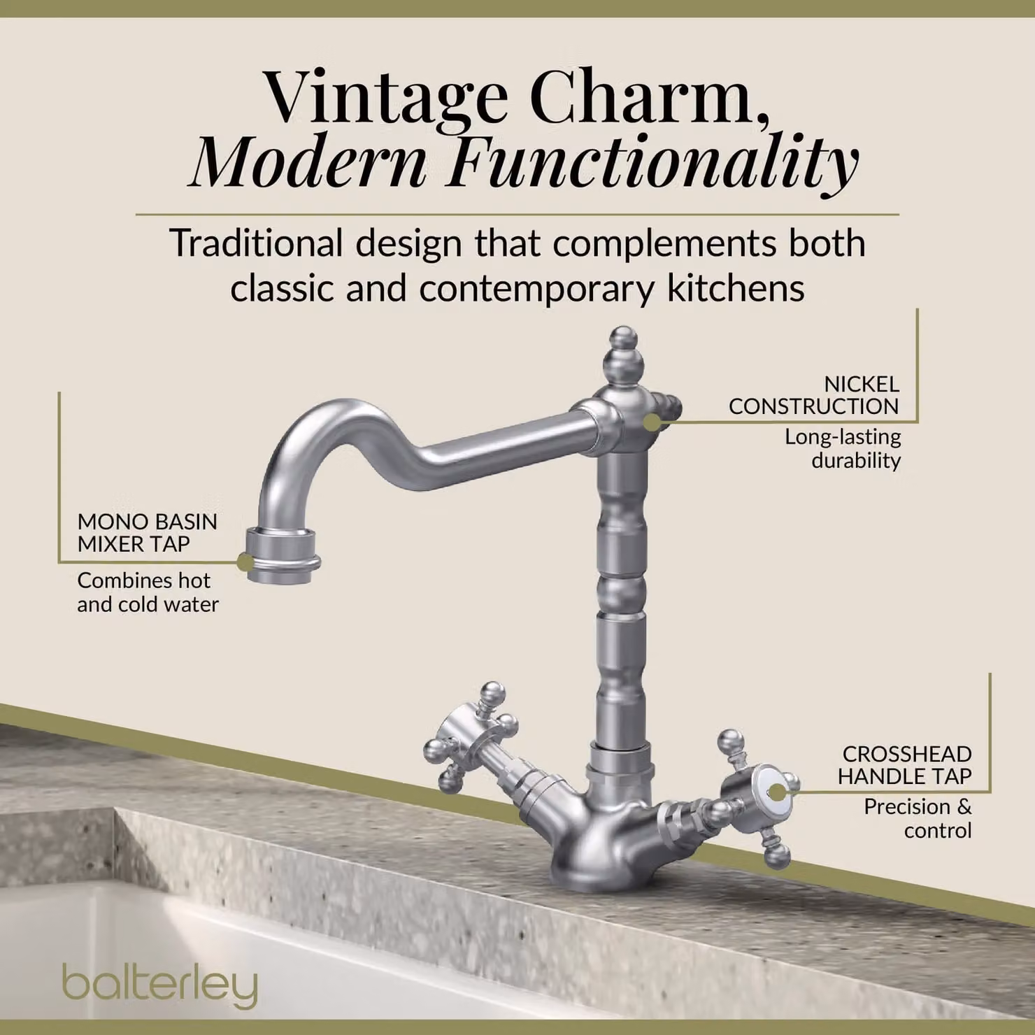 Balterley French Classic Kitchen Sink Mono Mixer Tap with Dual Crosshead Handles in Brushed Nickel, H 24.0 cm x W 19.0 cm x D 23.0 cm – 2