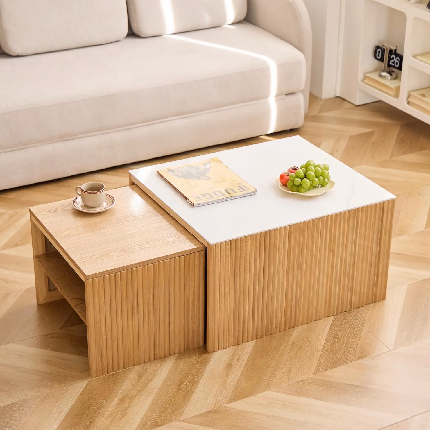 Nordlys Set of 2 Modern Wooden Coffee Tables with Nested Tops and Storage in Brown – 2