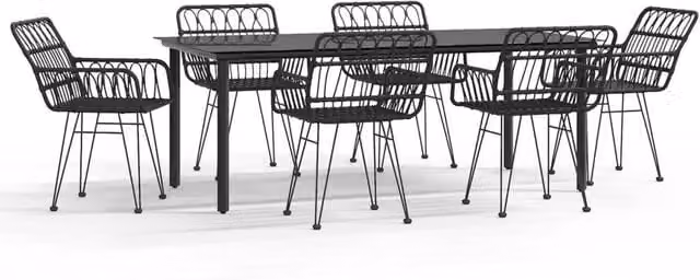 Berkfield Home 7 Piece Black Poly Rattan Garden Dining Set with Steel and Glass Details
