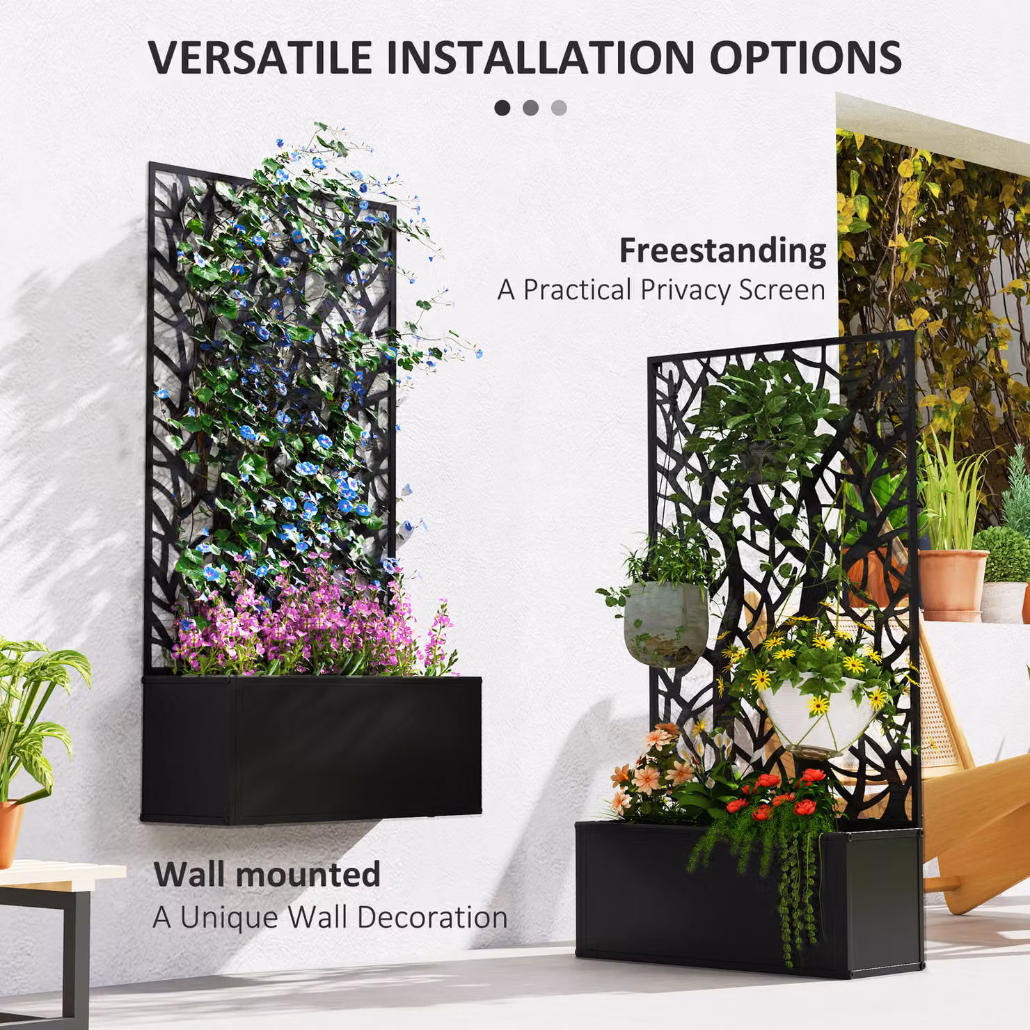Outsunny Black Metal Garden Bed with Privacy Screen, Wall Mounted or Freestanding Raised Planter for Climbing Plants, Flowers and Vegetables, W/D/H: 58 x 24 x 23 cm – 5