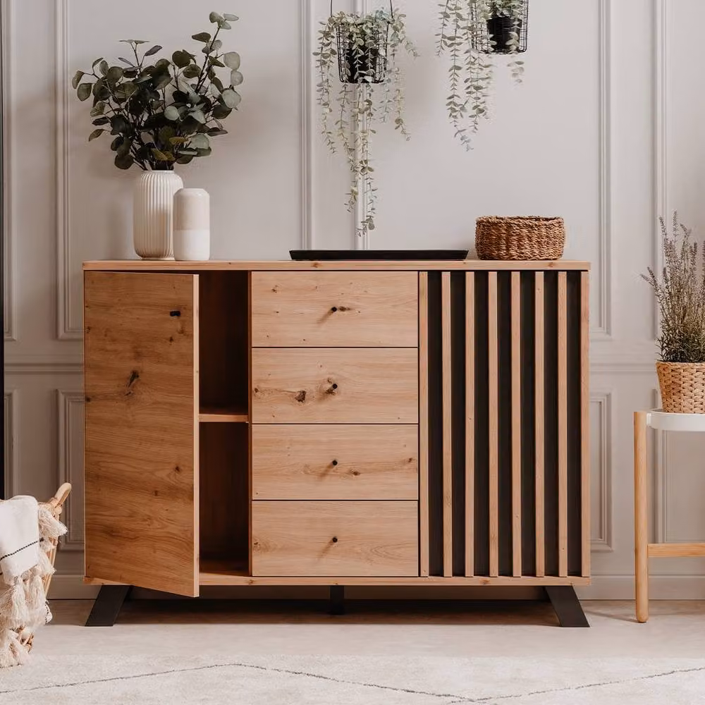 CALICOSY LUBLIN Modern 2-Door 4-Drawer Sideboard in Artisan Oak Finish, Light Brown – 2