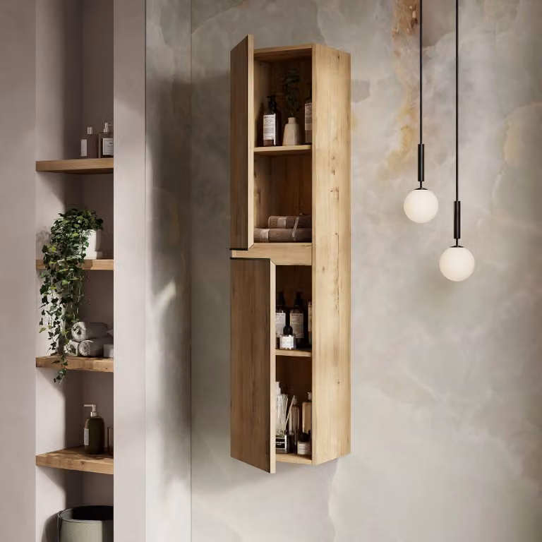 Banyetti Vatilla Wall Hung Tall Bathroom Cabinet in Ostippo Light Oak, H 150 cm x W 31 cm x D 35 cm