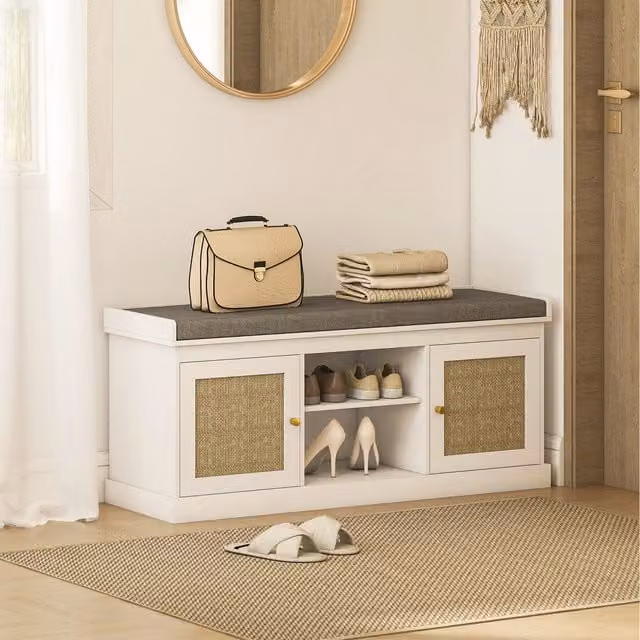 HOMCOM Boho White and Gold Rattan Shoe Storage Bench with Fabric Seat