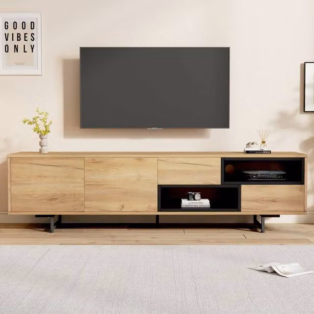 Matteo Modern Wood and Metal TV Cabinet in Sand, Black and Brown – 1
