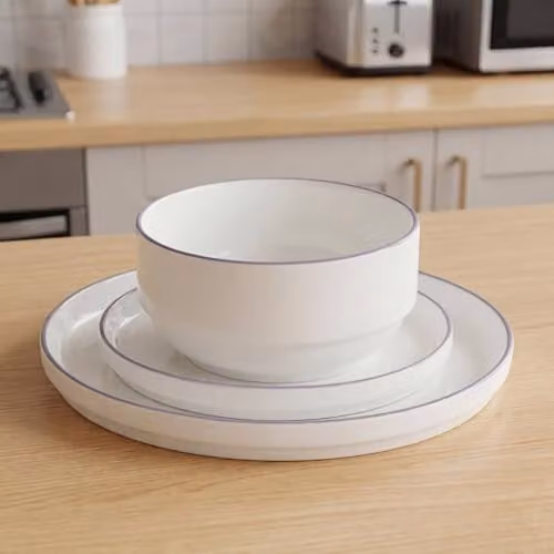Waterside 12-Piece White and Purple Rim Stackable Porcelain Dinner Set – 1
